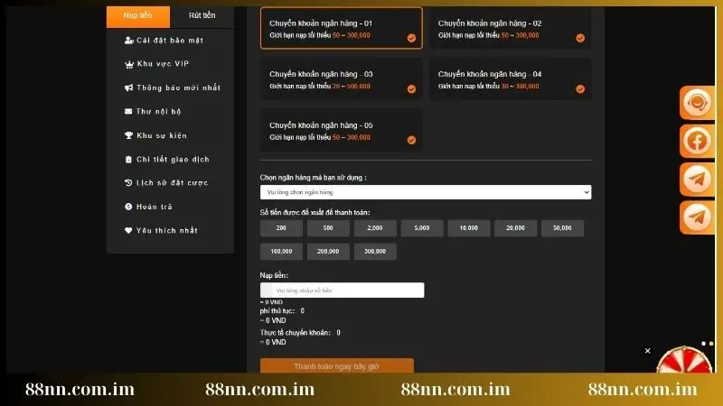Chọn kênh và số tiền nạp tương ứng