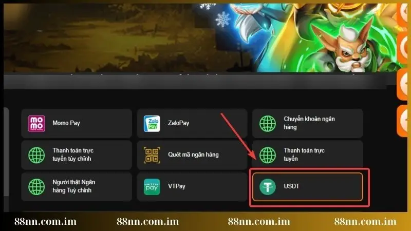 Nhấn vào phương thức usdt để thanh toán