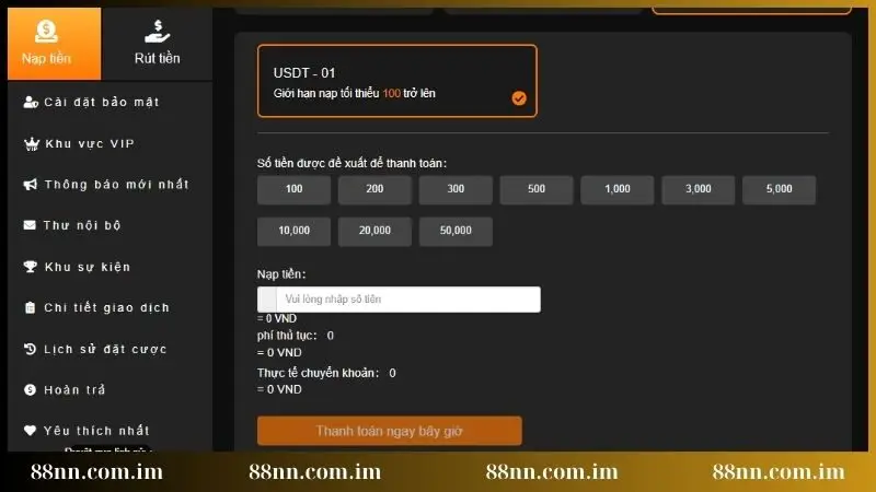 Nhập số tiền nạp dựa vào hạn mức cho phép