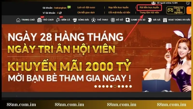Trên giao diện chọn mục rút tiền trực tuyến